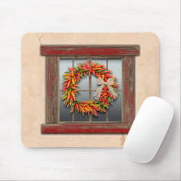 Southwest Chile Wreath on Rustic Red Wood Window Mouse Pad