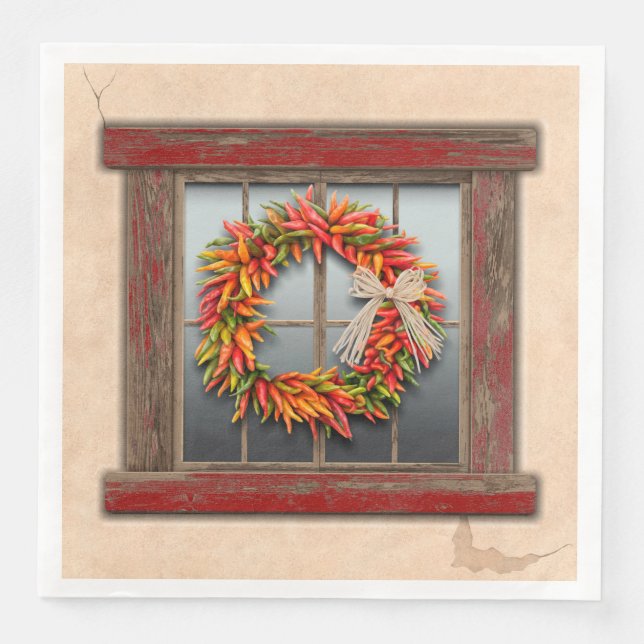 Southwest Chile Wreath on Rustic Red Wood Window Napkin (Front)