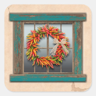 Southwest Chile Wreath on Rustic Wood Window Square Sticker