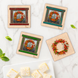 Southwest Chile Wreath on Rustic Wood Windows Coaster Set