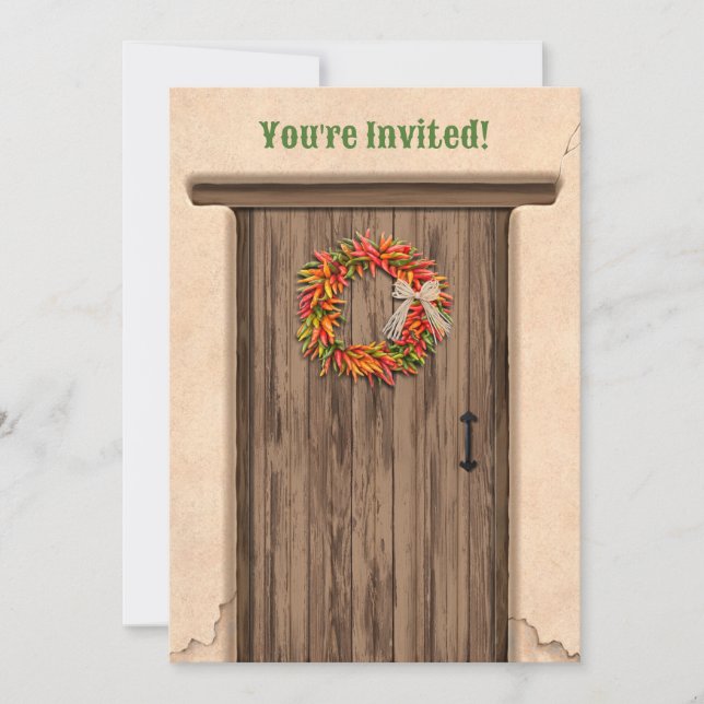 Southwest Chile Wreath Rustic Door Flat Holiday Invitation (Front)