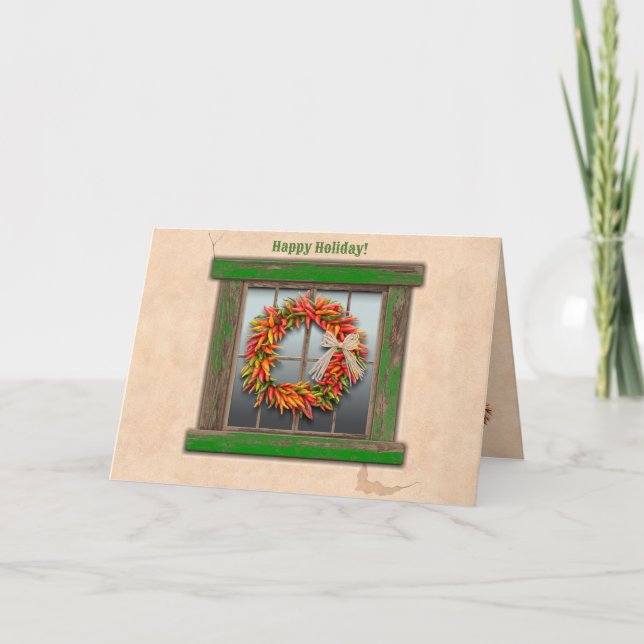 Southwest Chile Wreath Rustic Green Window Holiday Card (Front)