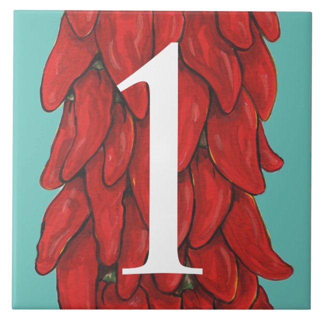 Southwest Chilli Pepper House Numeral 1 Turquoise Ceramic Tile (Front)