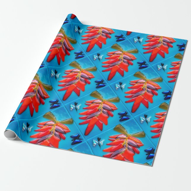 Southwest Chilli Pepper Turquoise Fiesta Pattern Wrapping Paper (Unrolled)