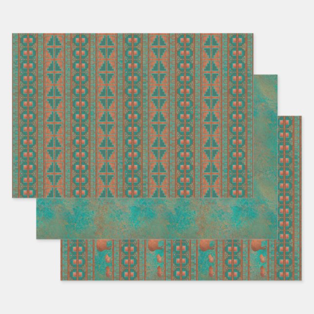 Southwest Copper Teal Javelina Geometric Pattern Wrapping Paper Sheet (Set)