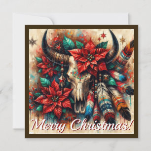 Southwest Cow Skull Poinsettias Desertcore Holiday Card