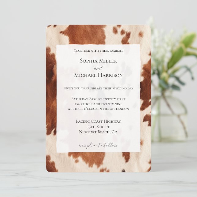 Southwest Cream Brown Cowhide Western Wedding Invitation (Standing Front)