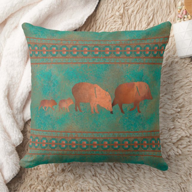 Southwest Cute Javelina Family Copper Teal 20in Cushion (Blanket)