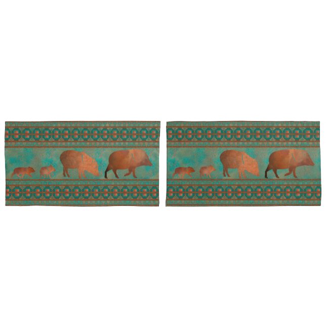 Southwest Cute Javelina Family Copper Teal King Pillowcase (Front-Set)
