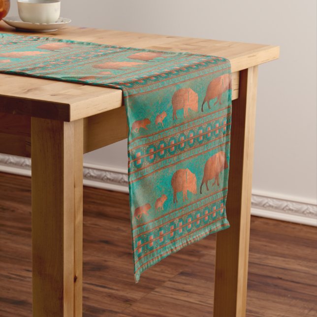 Southwest Cute Javelina Family Copper Teal Long Table Runner (In Situ)
