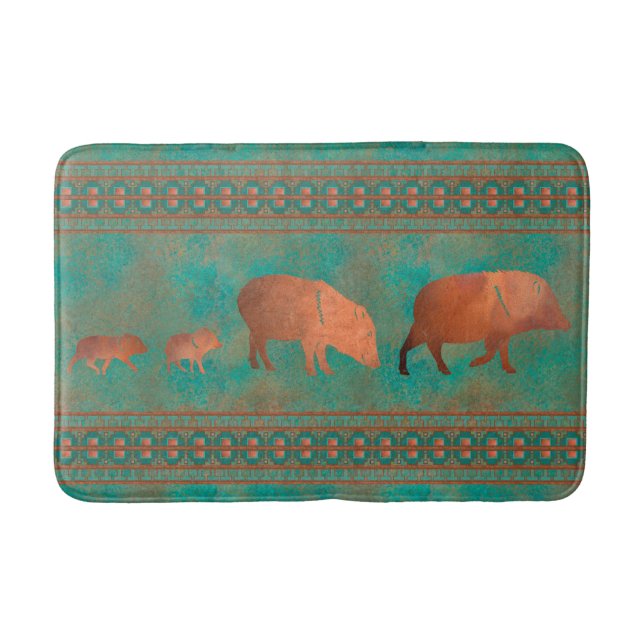 Southwest Cute Javelina Family Copper Teal Medium Bath Mat (Front)