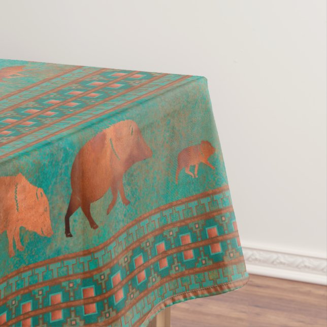 Southwest Cute Javelina Family Copper Teal Medium Tablecloth (In Situ)