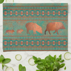 Southwest Cute Javelina Family Copper Teal Tea Towel