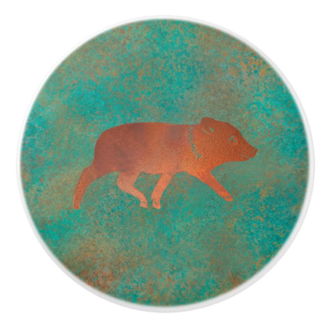 Southwest Cute Javelina Youth Copper Teal Ceramic Knob (Front)