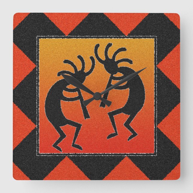 Southwest Dancing Kokopelli Design Square Wall Clock (Front)