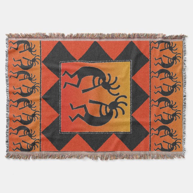 Southwest Dancing Kokopelli Design Throw Blanket (Front)