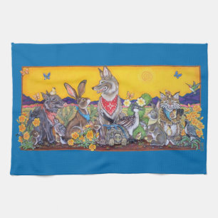 Southwest Desert Animal Rabbit Quail Coyote Sun Tea Towel