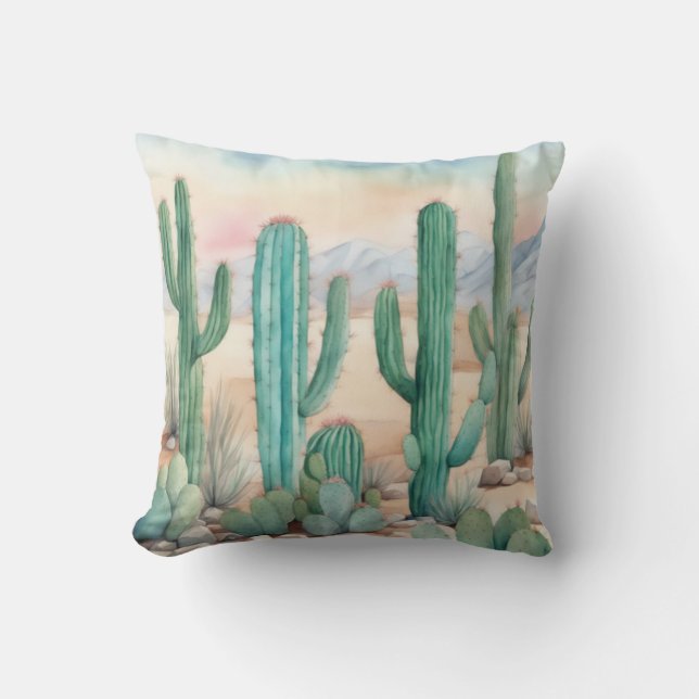 Southwest Desert Watercolor Cactus Decorative Cushion (Front)
