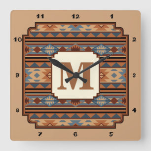 Southwest Design Adobe Grey Brown Tribal Pattern Square Wall Clock