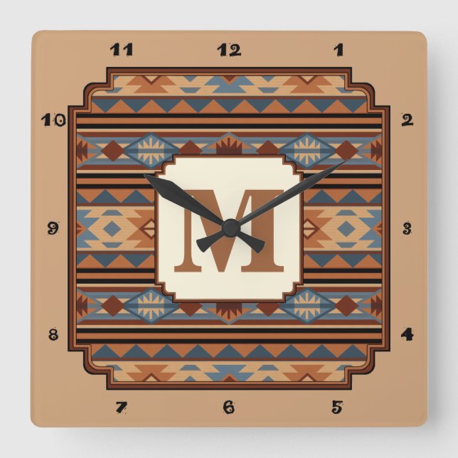 Southwest Design Adobe Grey Brown Tribal Pattern Square Wall Clock (Front)