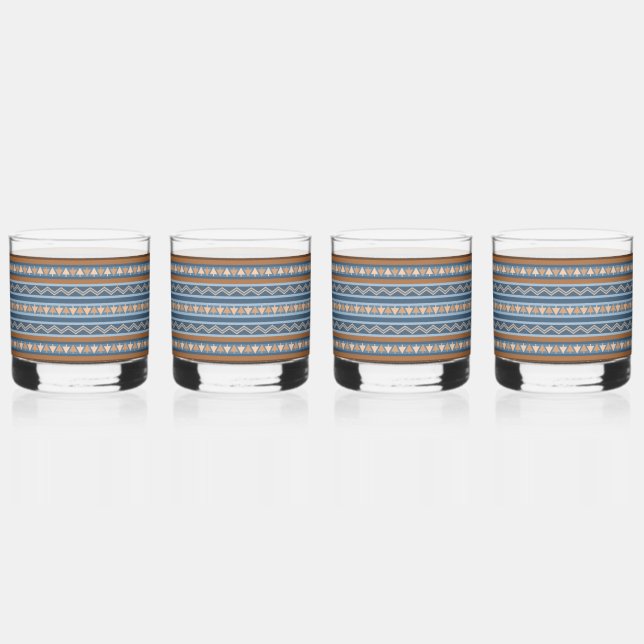 Southwest Design Blue and Brown Geometric Pattern Whiskey Glass (Front)