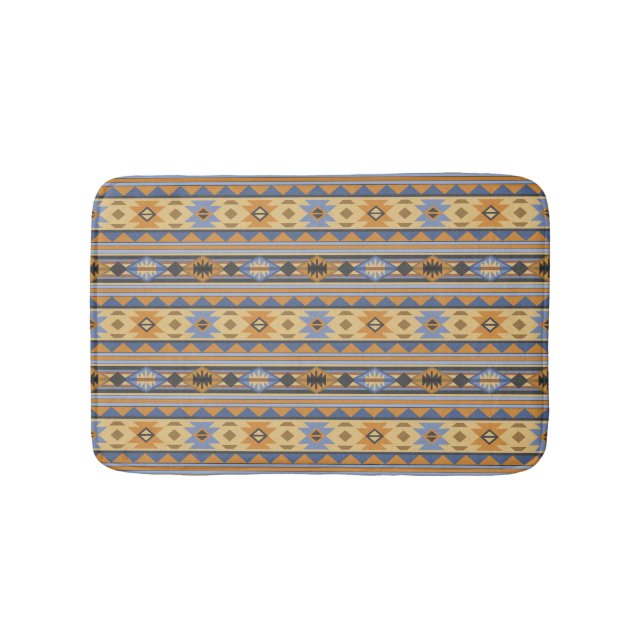 Southwest Design Gold Blue Grey Tribal Pattern Bath Mat (Front)