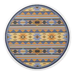 Southwest Design Gold Blue Grey Tribal Pattern Ceramic Knob