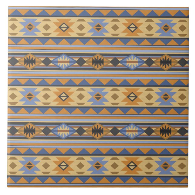 Southwest Design Gold Blue Grey Tribal Pattern Ceramic Tile (Front)