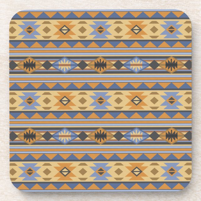Southwest Design Gold Blue Grey Tribal Pattern Coaster (Front)