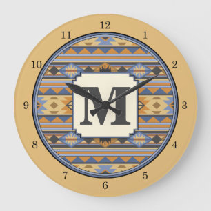 Southwest Design Gold Blue Grey Tribal Pattern Large Clock