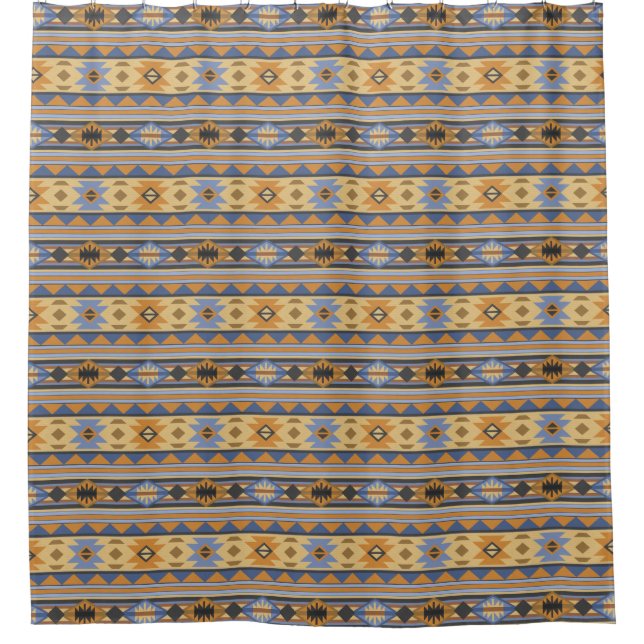Southwest Design Gold Blue Grey Tribal Pattern Shower Curtain (Front)