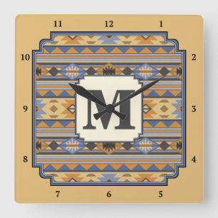 Southwest Design Gold Blue Grey Tribal Pattern Square Wall Clock