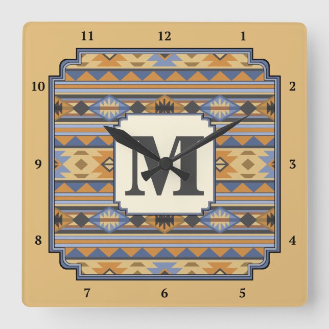 Southwest Design Gold Blue Grey Tribal Pattern Square Wall Clock (Front)