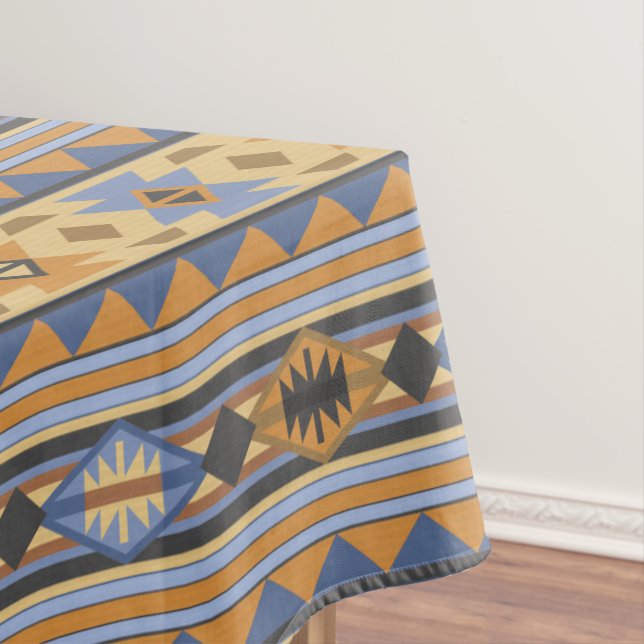 Southwest Design Gold Blue Grey Tribal Pattern Tablecloth (In Situ)