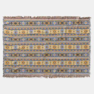 Southwest Design Gold Blue Grey Tribal Pattern Throw Blanket