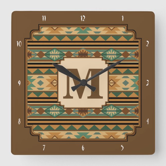 Southwest Design Green Brown Personalised Square Wall Clock (Front)