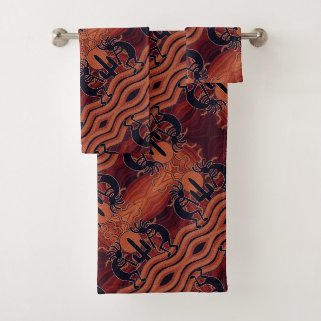 Southwest Design Kokopelli Orange & Black Pattern Bath Towel Set (Insitu)