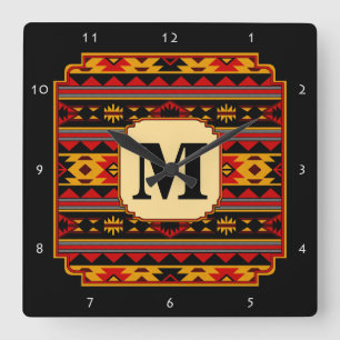 Southwest Design Red Black Gold Monogram Square Wall Clock