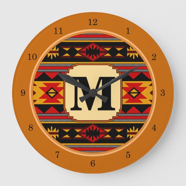 Southwest Design Red Black Gold Tribal Pattern Large Clock (Front)