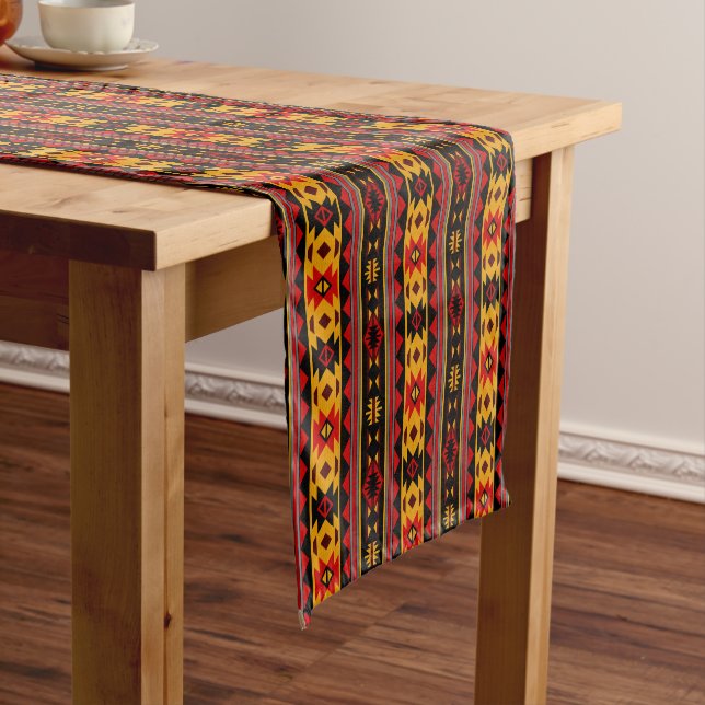 Southwest Design Red Black Gold Tribal Pattern Medium Table Runner (In Situ)