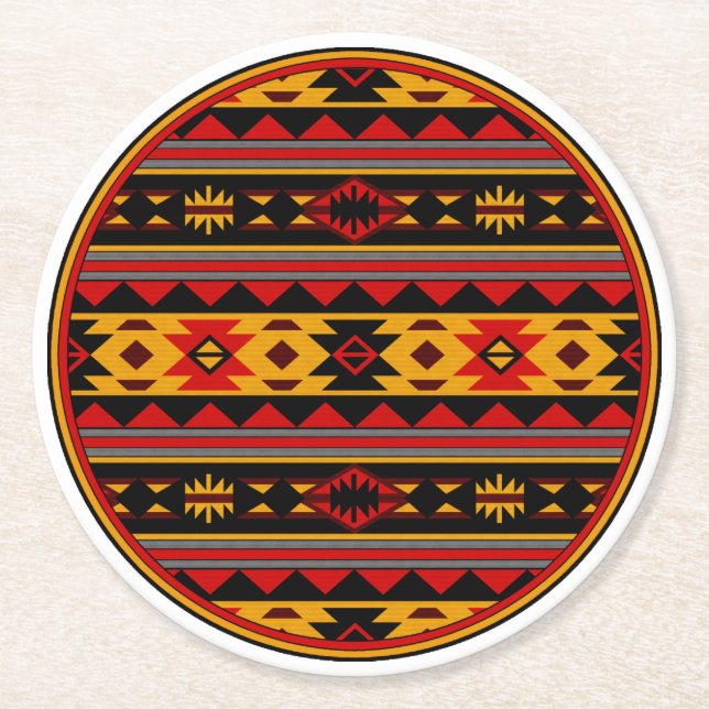 Southwest Design Red Black Gold Tribal Pattern Round Paper Coaster (Front)