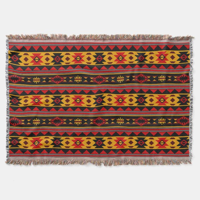 Southwest Design Red Black Gold Tribal Pattern Throw Blanket (Front)