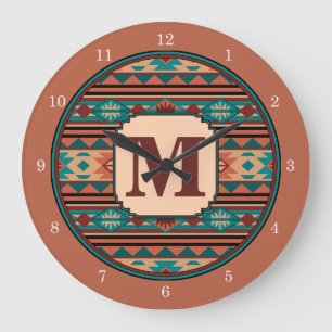 Southwest Design Turquoise Terracotta Monogram Large Clock