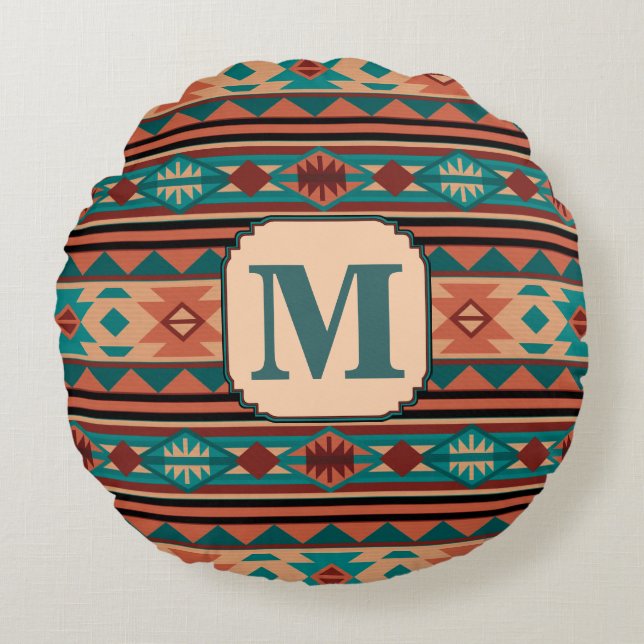Southwest Design Turquoise Terracotta Monogram Round Cushion (Front)