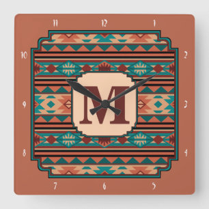 Southwest Design Turquoise Terracotta Monogram Square Wall Clock