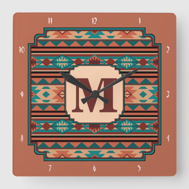 Southwest Design Turquoise Terracotta Monogram Square Wall Clock (Front)