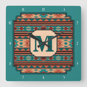 Southwest Design Turquoise Terracotta Monogram Square Wall Clock