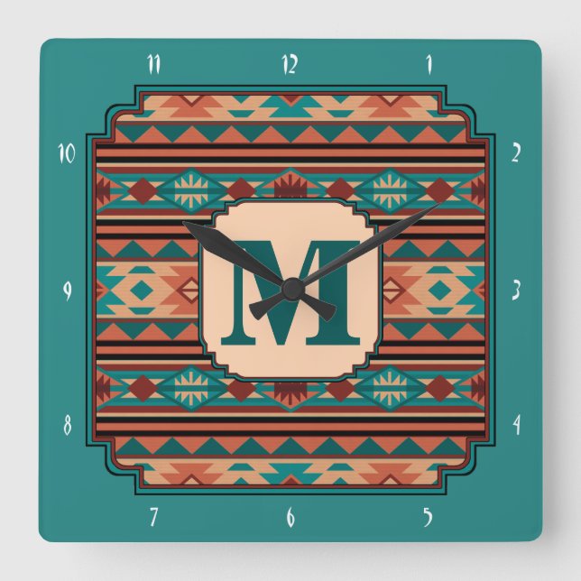 Southwest Design Turquoise Terracotta Monogram Square Wall Clock (Front)