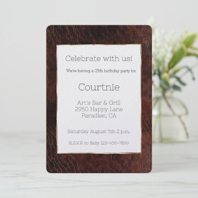 Southwest Faux Brown Leather Cowhide Birthday Invitation (Standing Front)
