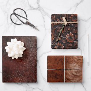 Southwest Faux Brown Leather Cowhide Floral Wrapping Paper Sheet
